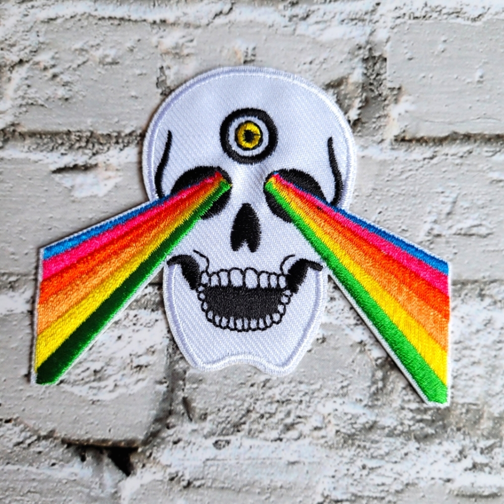 Skull With Rainbow Lazer Eyes Third Eye Y2k Embroidered Iron on Patch.